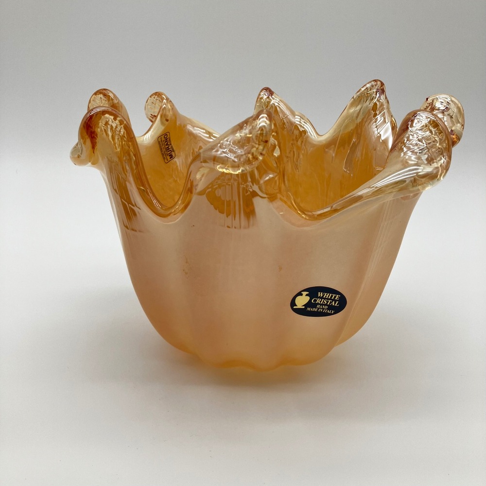 White Cristal Art Glass Bowl Murano Technique 6x9 Peach Amber Ruffled Italy